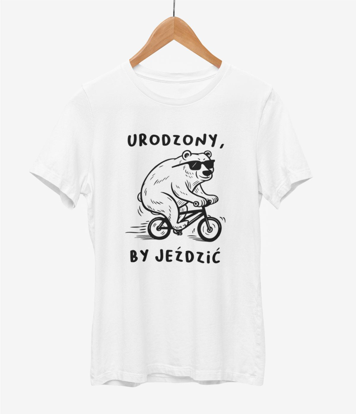 Biała UNISEX koszulka "Urodzony, by jeździć"