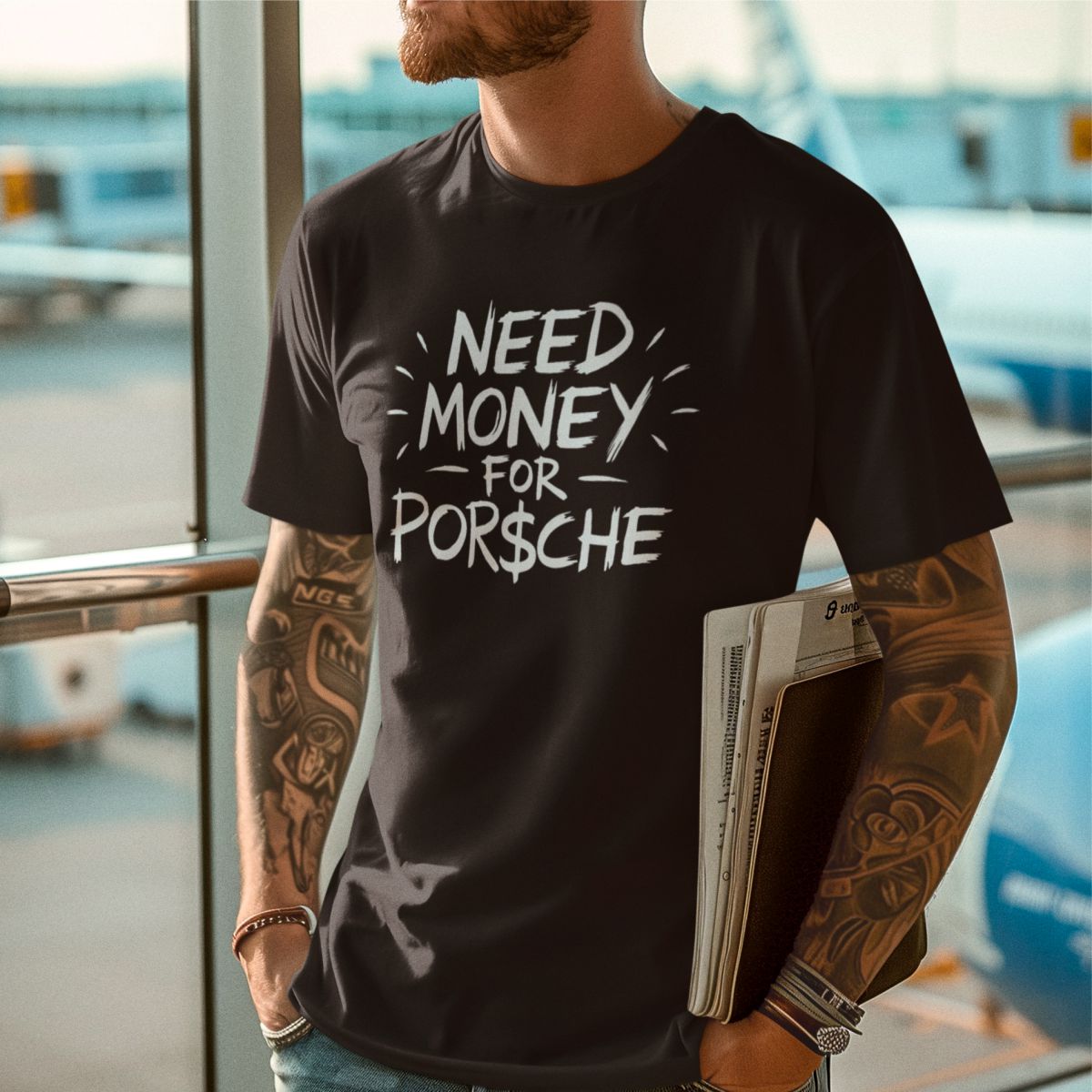 Czarna UNISEX koszulka "Need money for Porsche"