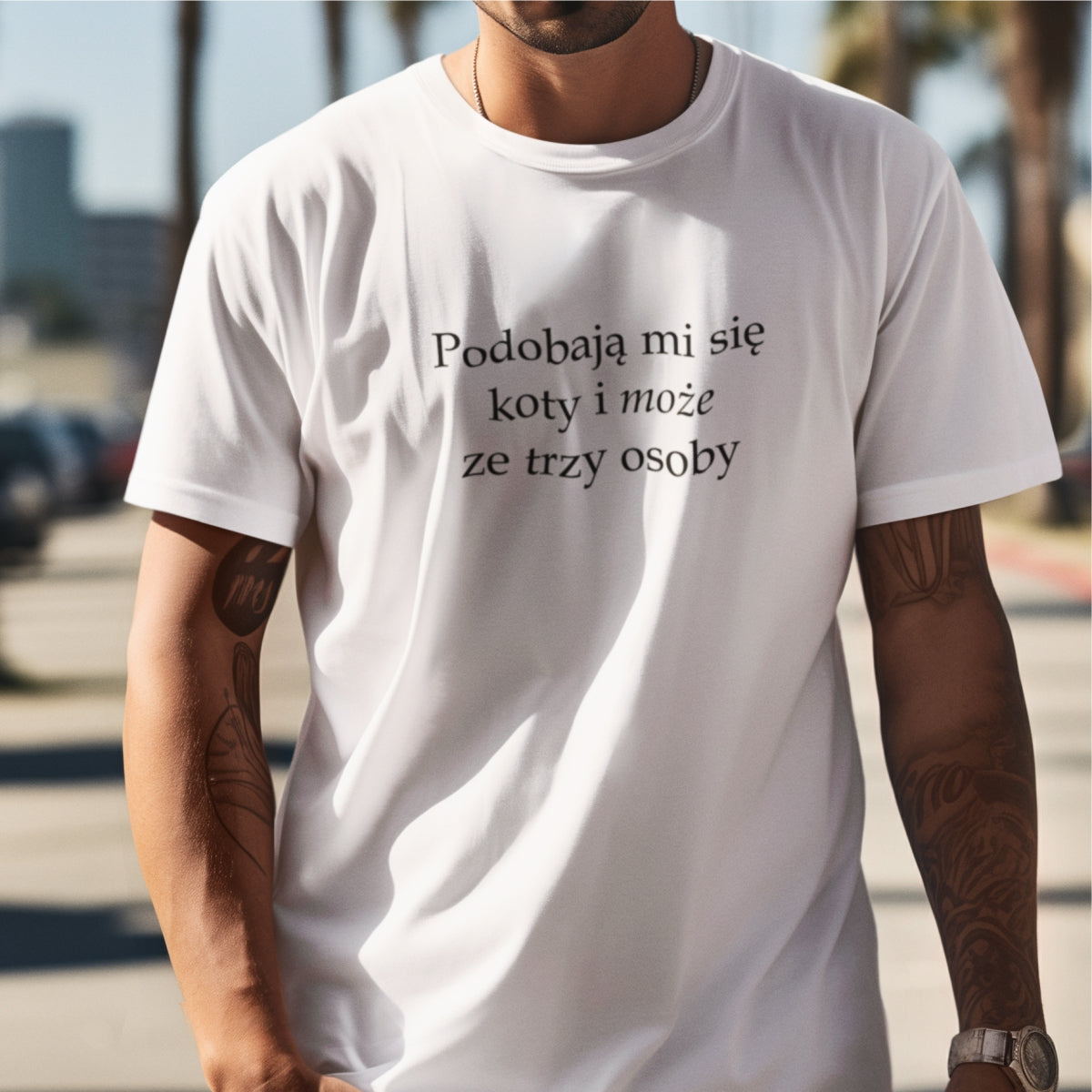 Biały UNISEX T-shirt Podobają mi się koty i może ze trzy osoby