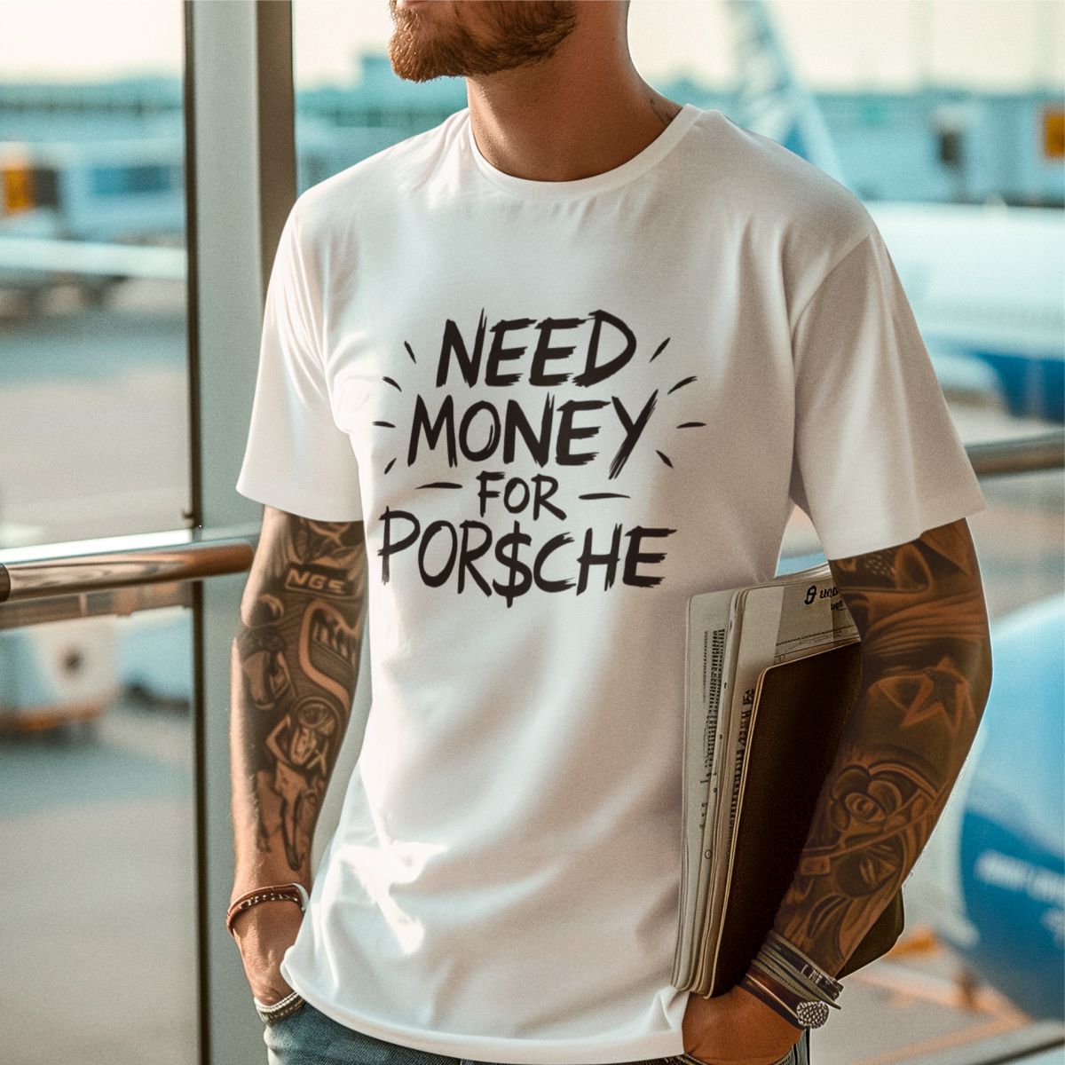 Biała UNISEX koszulka "Need money for Porsche"