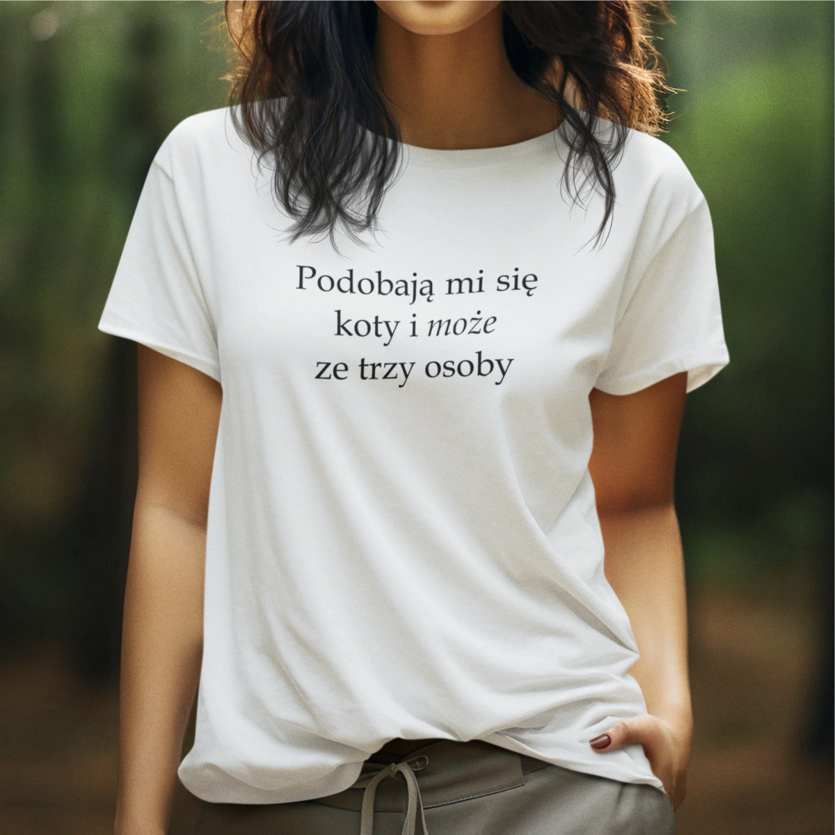 Biały UNISEX T-shirt Podobają mi się koty i może ze trzy osoby