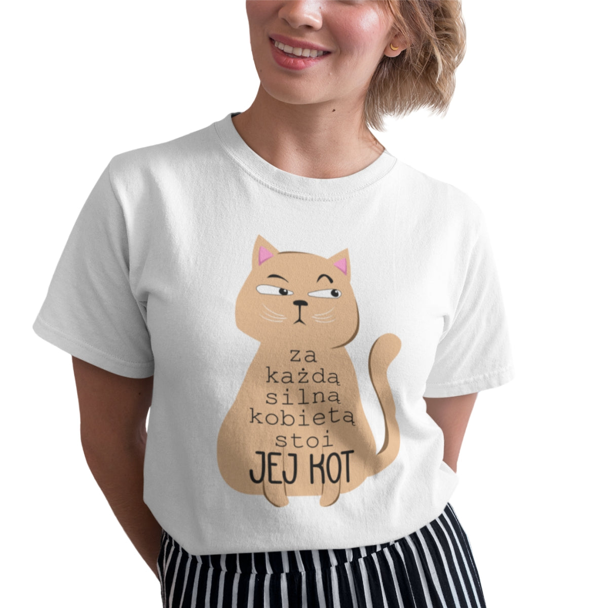 Biały UNISEX T-shirt "Za każdą silną kobietą stoi jej kot"