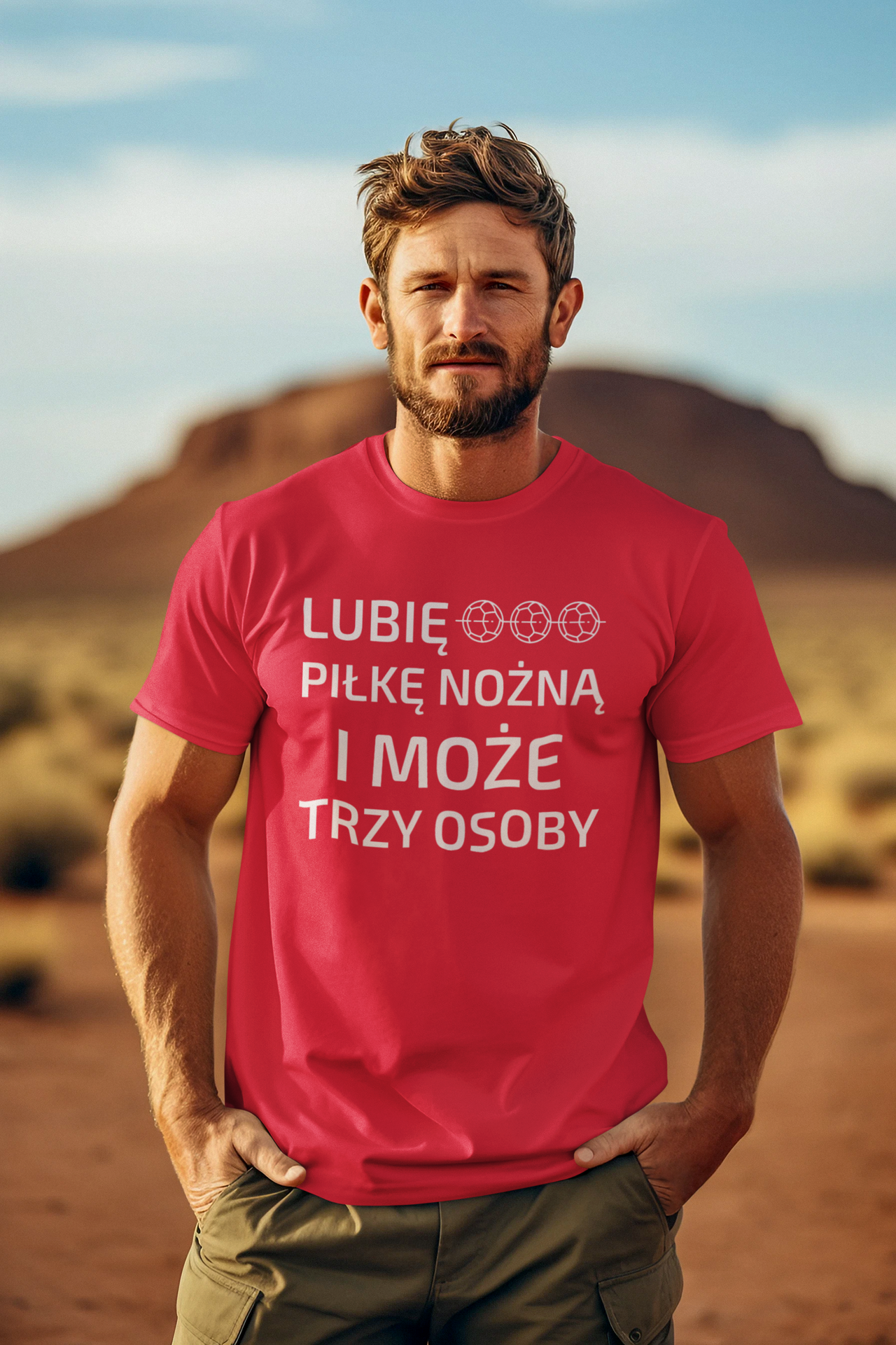 Czerwona UNISEX koszulka "Lubię piłkę nożną i może trzy osoby"