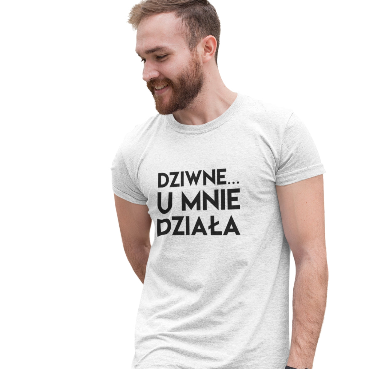 Biała UNISEX koszulka DZIWNE U MNIE DZIAŁA